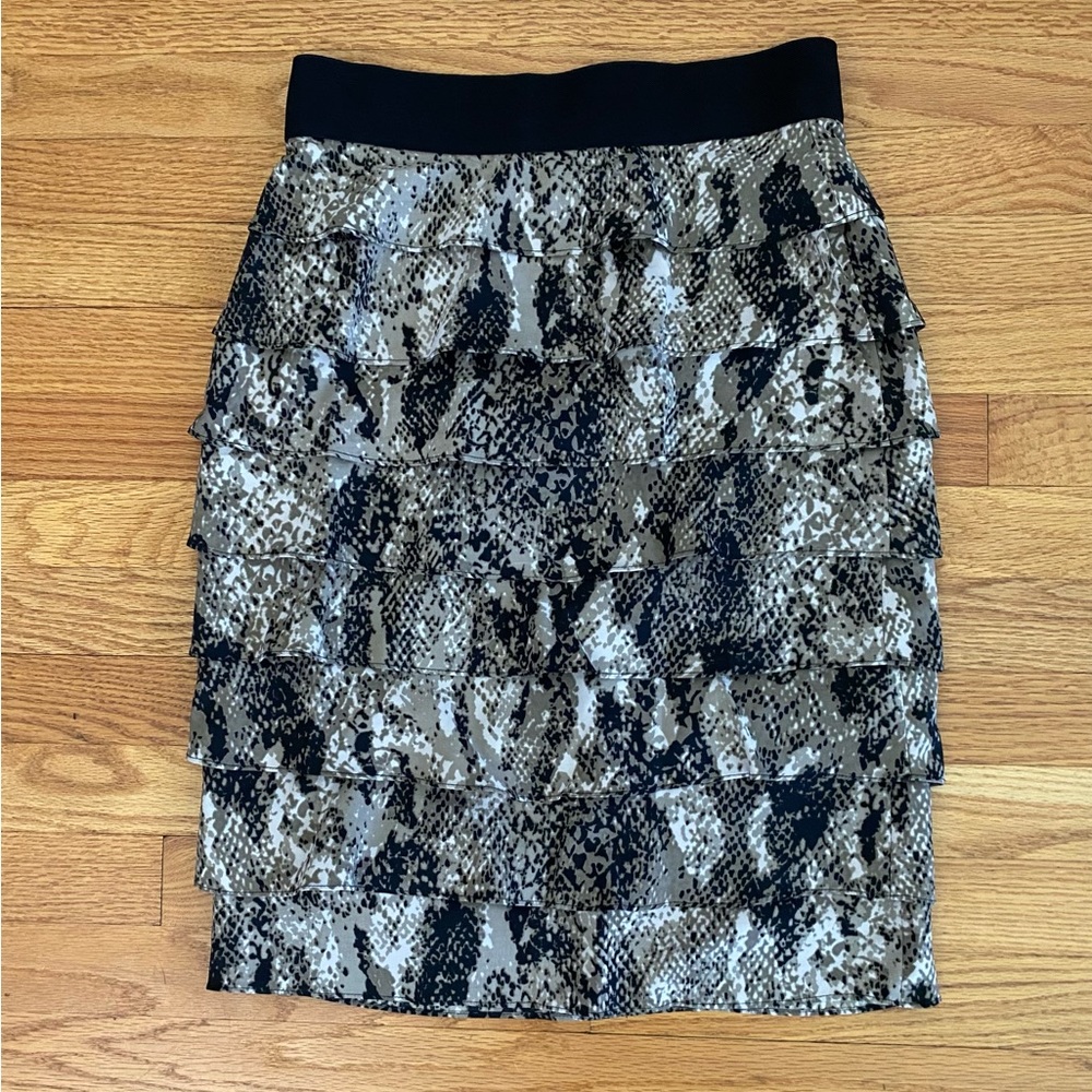 Alfani Skirt Women’s Sz 2 Black Taupe Cream Snake-print Ruffle Tiered Lined